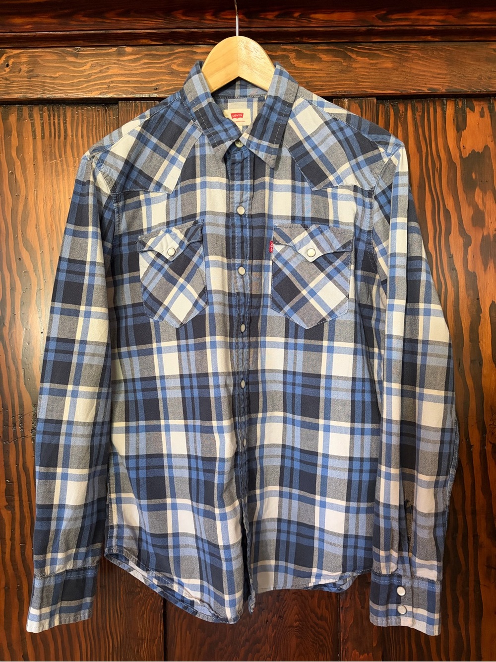 Levi's Men's Blue and White Plaid Western Snap Shirt